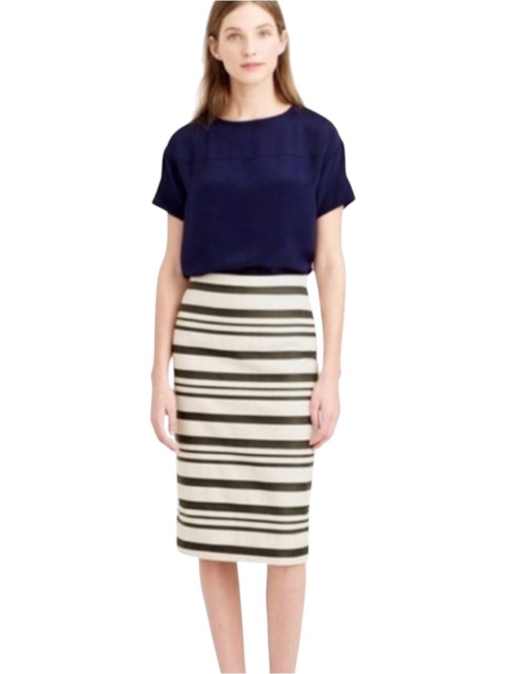 New J. Crew Off White/Navy Cotton Blend Double Stripe Pencil Skirt (10)